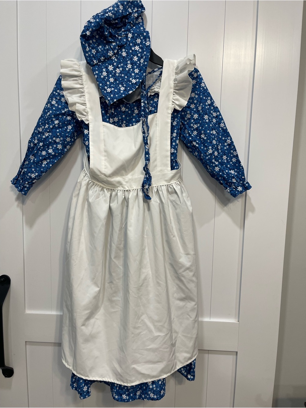 Blue Floral Pioneer Girls Costume White Apron Bonnet pilgrim little house 8-10